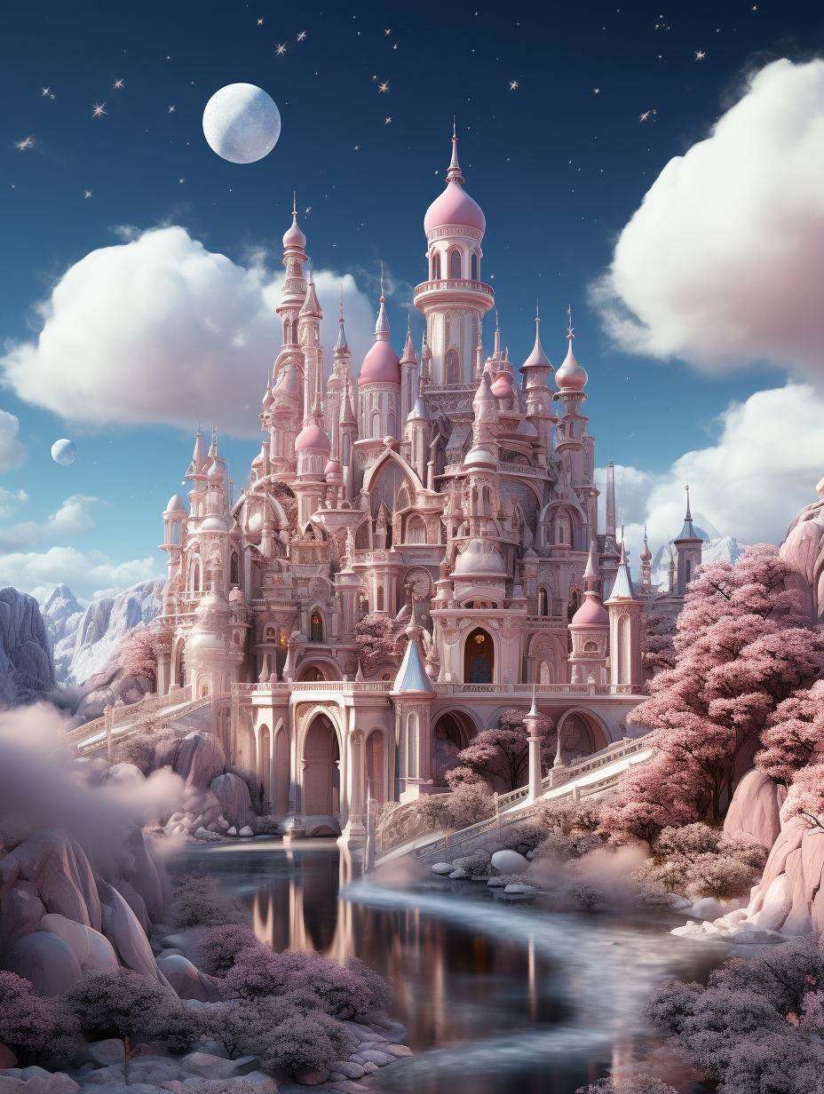 A grand pink and white castle with clouds, rivers, moonlight, and a dreamy, fantasy, fairy tale style, with super detailed, high definition, high resolution details. The artwork is in the style of a stunning piece.