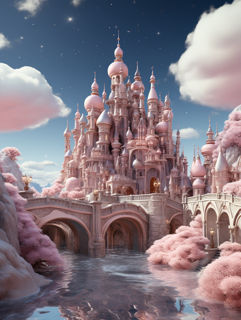 A pink castle surrounded by clouds, with water and arches, surrounded by small buildings, full of fairy tales, dreamy backgrounds, and a fantasy world, rendered in the style of cinema4d with soft tones and dreamlike scenes. The blue sky is filled with cotton candy-like clouds, creating an overall atmosphere of whimsicality. It was created using an art style inspired in the style of James C Christensen.