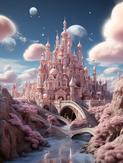 A magical and whimsical castle made entirely out of pink ice cream, surrounded by floating clouds and an otherworldly landscape, featuring intricate details like sparkling decorations on the towers and bridges connecting its various floors, creating a dreamy atmosphere with soft pastel colors. The digital art is in the style of vibrant colors, high resolution, wide angle shot, fantasy-inspired, detailed textures, and a dreamlike quality and enchanting ambiance.