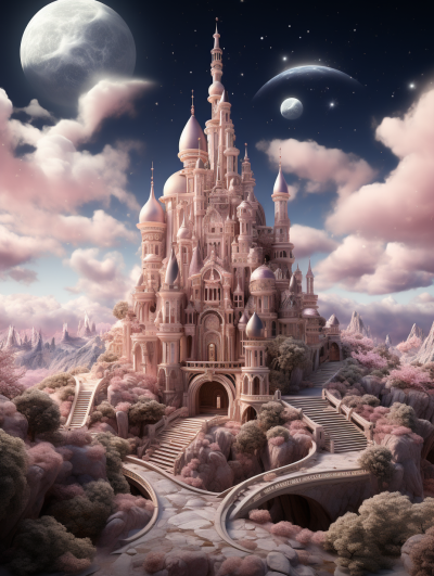 A fairytale castle in shades of pink and cream, nestled on an alien planet with soft clouds and planets visible through the sky. The scene is rendered in digital art style, featuring detailed architecture, a magical atmosphere, and a dreamy landscape. It's a fantasyinspired design that captures the essence of romance and wonder., ultrarealistic photograph captured, highresolution 20 megapixel nikon d850 camera