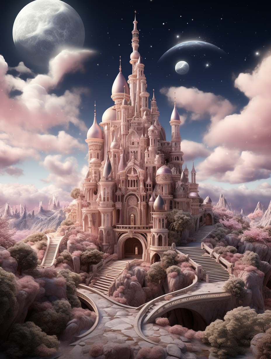 A fairytale castle in shades of pink and cream, nestled on an alien planet with soft clouds and planets visible through the sky. The scene is rendered in digital art style, featuring detailed architecture, a magical atmosphere, and a dreamy landscape. It’s a fantasyinspired design that captures the essence of romance and wonder., ultrarealistic photograph captured, highresolution 20 megapixel nikon d850 camera