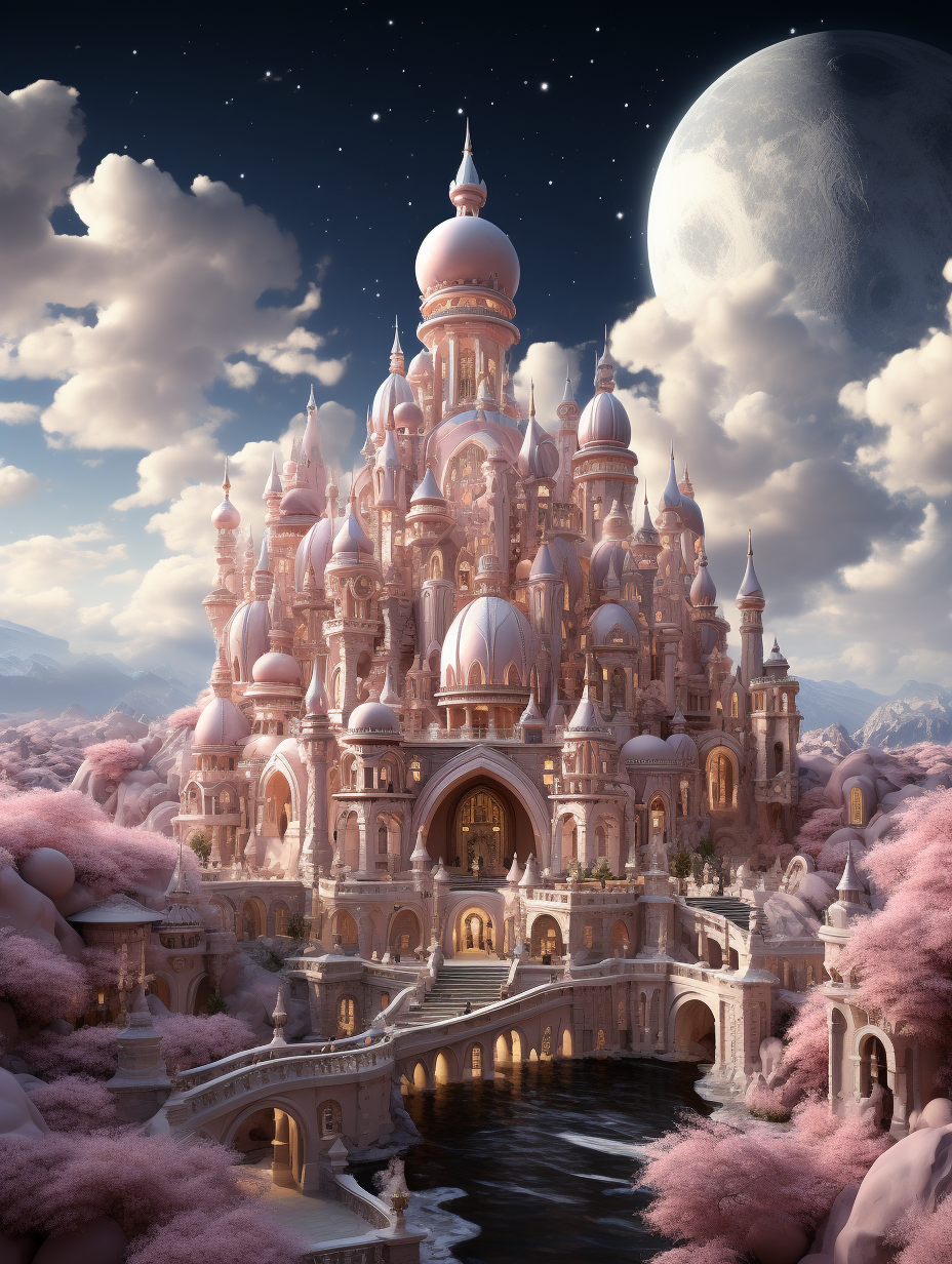 A beautiful pink crystal palace with many towers and domes, surrounded by peach blossoms and clouds in the sky. The moon hangs high above, creating a fantasy and romantic atmosphere. It is an extremely detailed CG rendering in the style of exquisite details and symmetrical composition. The overall soft pink color tone gives people a warm feeling.