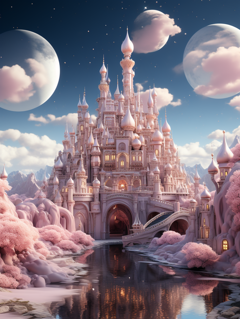 A pink fantasy palace with two moons in the sky, cartoon style, cute and dreamy, rendered in Cinema4D, meticulous design, dreamlike quality, symmetrical composition, and a river flowing under it. The castle is surrounded by soft clouds and cherry blossoms, creating an atmosphere of magic realism.