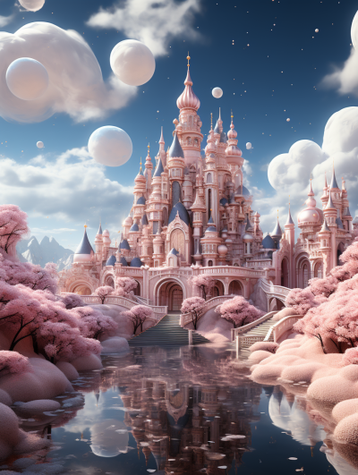 3D render of a magical fairytale castle in the sky, surrounded in the style of white spheres, pink trees and clouds around it, reflections on water, with high detail