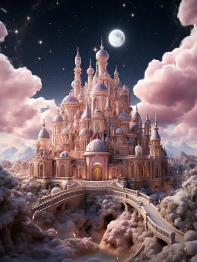 A beautiful magical fairytale castle in the clouds, inspired in the style of Disney and Ghibli with soft pink hues, night sky with a full moon, hyper realistic, intricate details, cinematic lighting, octane render.