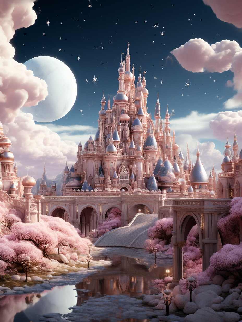 Disney style castle, pink and white clouds, dreamy pastel color landscape, fantasy architecture, full moon in the sky, pink trees, water flow, pink sky bridge, romantic scenery, beautiful scenery, high definition, high resolution, high detail, super realistic, super detailed