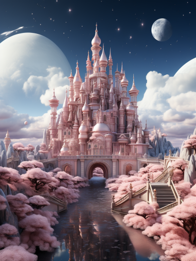 3D render of a magical fantasy fairytale planet with a big pink castle, dreamy pastel colors, a blue sky, moon and clouds, a fantasy background, a fantasy landscape, pink fluffy trees, a dreamland scene, highly detailed, hyper realistic, cinematic lighting, photography, fantasy architecture, in the style of fantasy illustration.