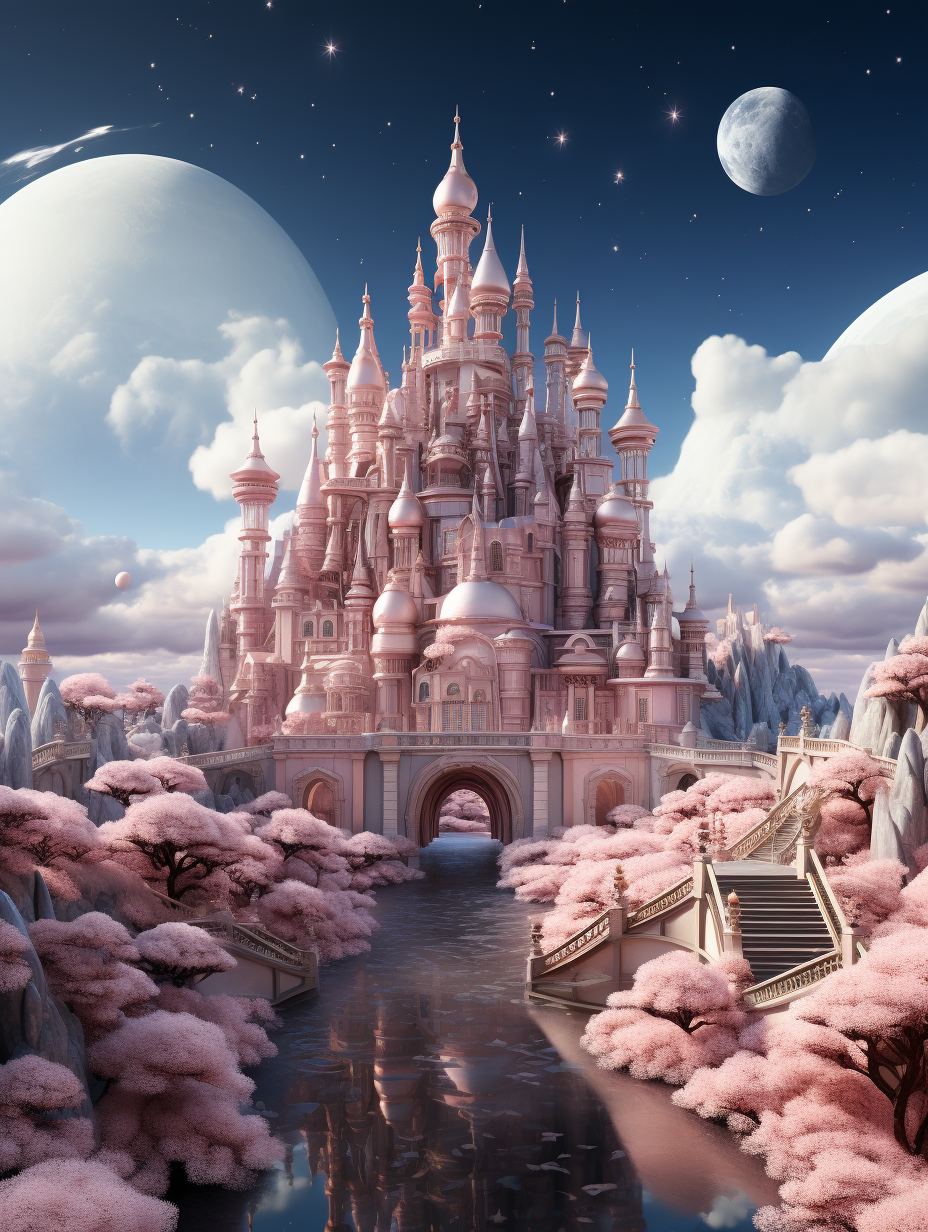 3D render of a magical fantasy fairytale planet with a big pink castle, dreamy pastel colors, a blue sky, moon and clouds, a fantasy background, a fantasy landscape, pink fluffy trees, a dreamland scene, highly detailed, hyper realistic, cinematic lighting, photography, fantasy architecture, in the style of fantasy illustration.