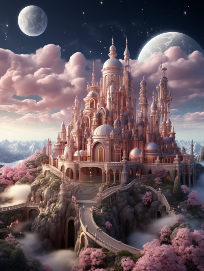 A majestic pink castle nestled on the edge of an enchanted planet, surrounded by cherry blossoms and clouds. The moon shines brightly in the sky above, casting its glow upon the grand structure. A winding path leads up to the palace's entrance, leading into another world filled with magic and wonder. The illustration was created in the style of fantasy art with a focus stacking, wide shot showing the hyperrealistic water and high resolution details.