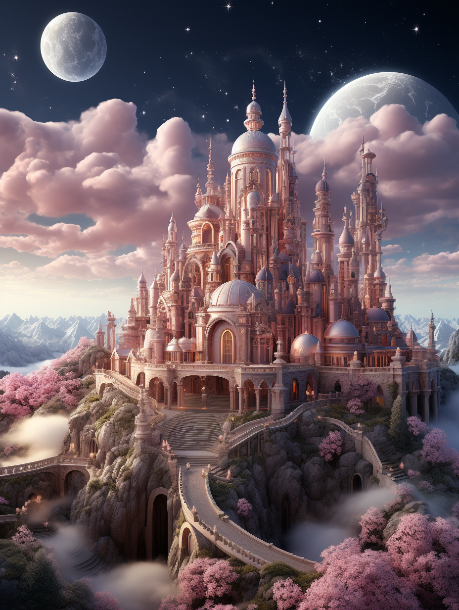 A majestic pink castle nestled on the edge of an enchanted planet, surrounded by cherry blossoms and clouds. The moon shines brightly in the sky above, casting its glow upon the grand structure. A winding path leads up to the palace’s entrance, leading into another world filled with magic and wonder. The illustration was created in the style of fantasy art with a focus stacking, wide shot showing the hyperrealistic water and high resolution details.