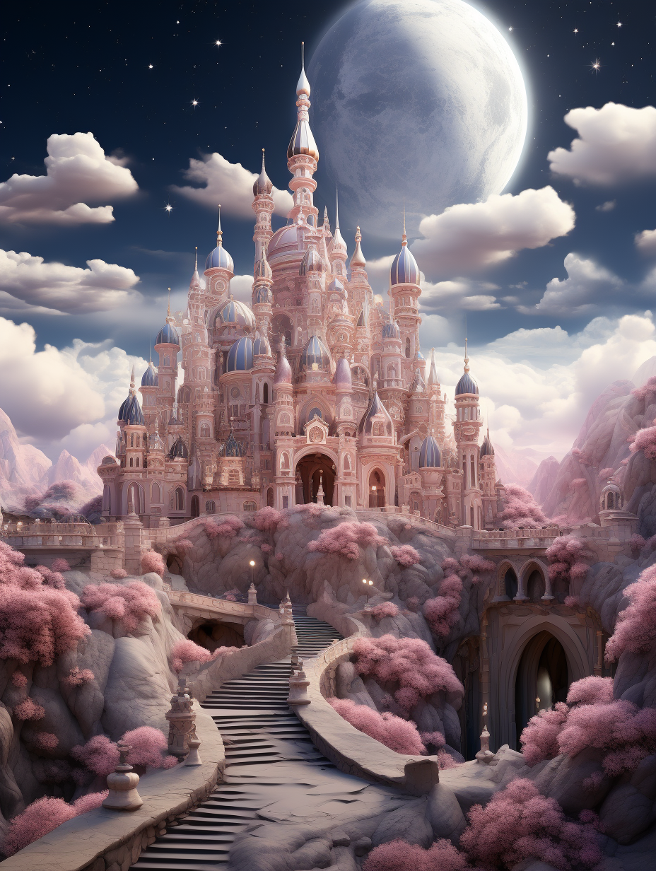 A majestic pink castle with intricate spires and domes, nestled in the heart of an enchanted landscape under a full moon sky. The surrounding environment is filled with blooming cherry blossoms and soft clouds, creating a dreamy atmosphere. A winding path leads to its entrance, inviting visitors into a world brimming with magic and fantasy.