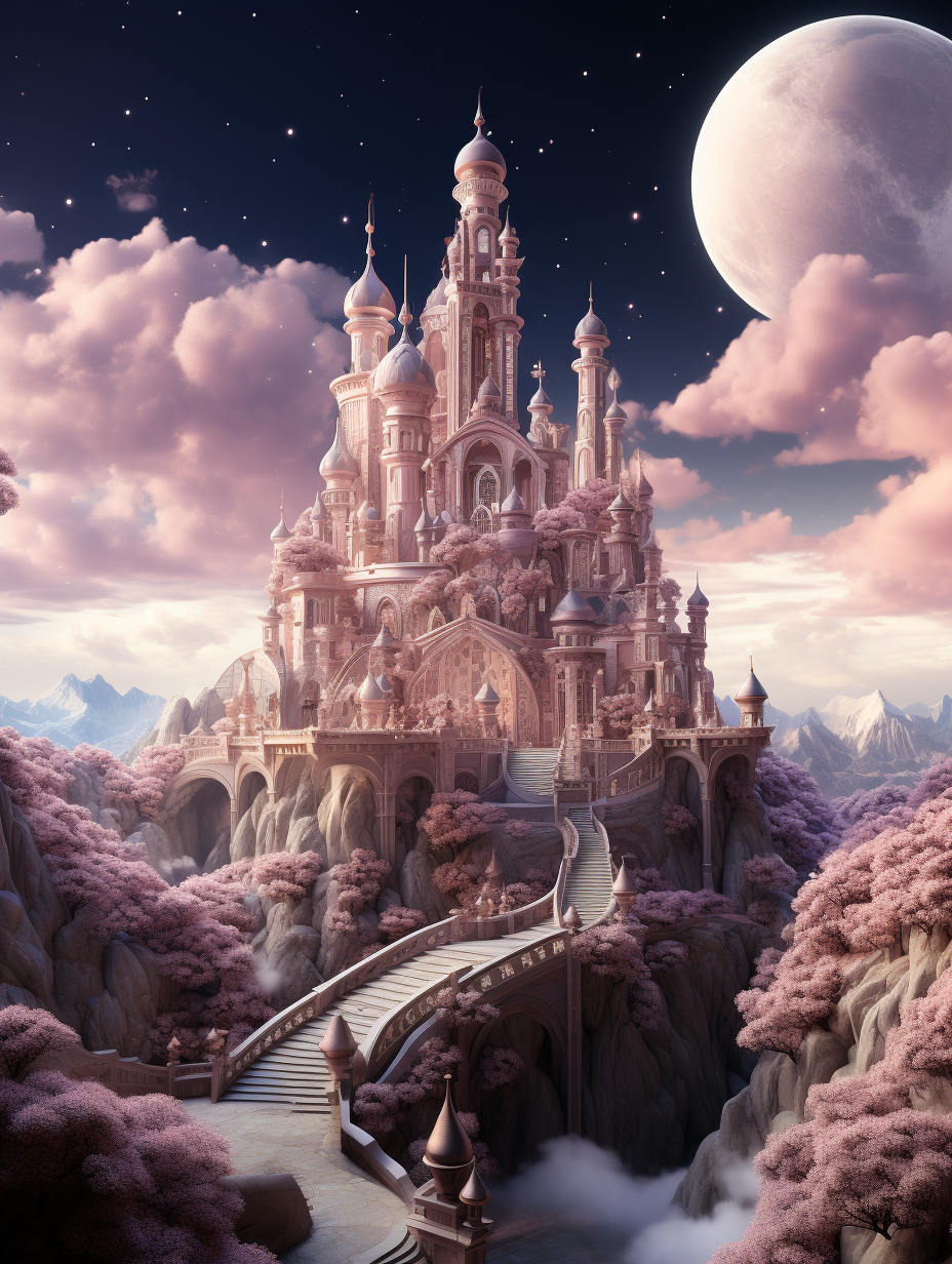 A majestic fairytale castle with a pastel pink and peach color scheme, nestled on an alien planet surrounded by lush trees and flowers. The sky is filled with soft clouds, and the moon casts a gentle glow over the scene. A grand stone bridge leads to its entrance, inviting visitors into another world of fantasy and wonder. The image uses focus stacking to create a hyper quality cartoon style.