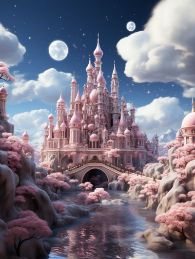 A pink fairytale castle surrounded by water and cherry blossom trees, with white clouds in the sky. The architecture is inspired in the style of Disney, with a background of blue skies and moonlight. High definition photography, high resolution, high detail, cinematic lighting, bright colors, hyper realistic, hyper detailed, super resolution.