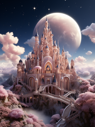 A fairytale castle surrounded by pink clouds, with the moon in the background. The architecture is adorned with intricate details and features spires and turrets reminiscent of fairy tales like Cinderella's kingdom. The style is of cartoon realism, with soft lighting, detailed character design, and high resolution in the style of anime art.