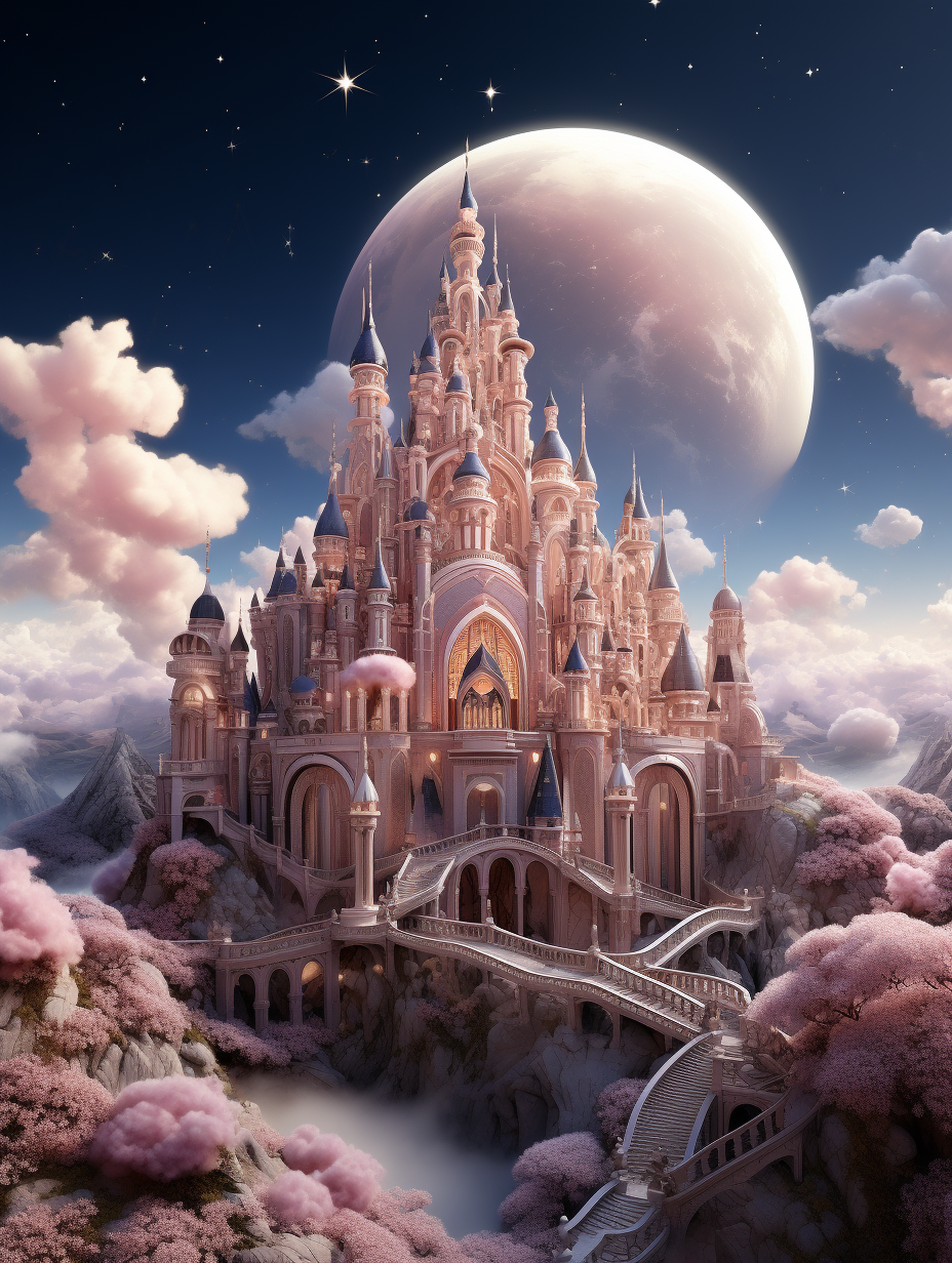 A fairytale castle surrounded by pink clouds, with the moon in the background. The architecture is adorned with intricate details and features spires and turrets reminiscent of fairy tales like Cinderella’s kingdom. The style is of cartoon realism, with soft lighting, detailed character design, and high resolution in the style of anime art.