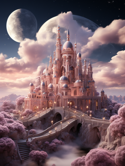 3D render of a magical fantasy palace in pink color, on a background of clouds and moon, fantasy landscape, with high detail and high resolution, in the style of fantasy.