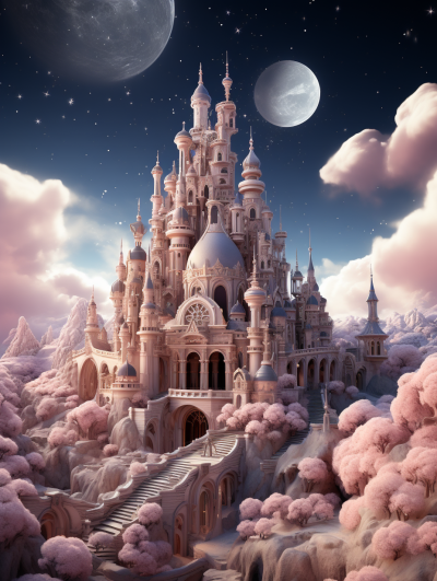 A beautiful fairytale castle with domes and towers surrounded by pink clouds, against the background of the moon in space. The sky is blue, there are white stars around the planet. There's an empty platform at its foot, covered with soft fluffy pastel peach trees that glow like diamonds. A fantasy landscape. Digital art illustration with high detail.