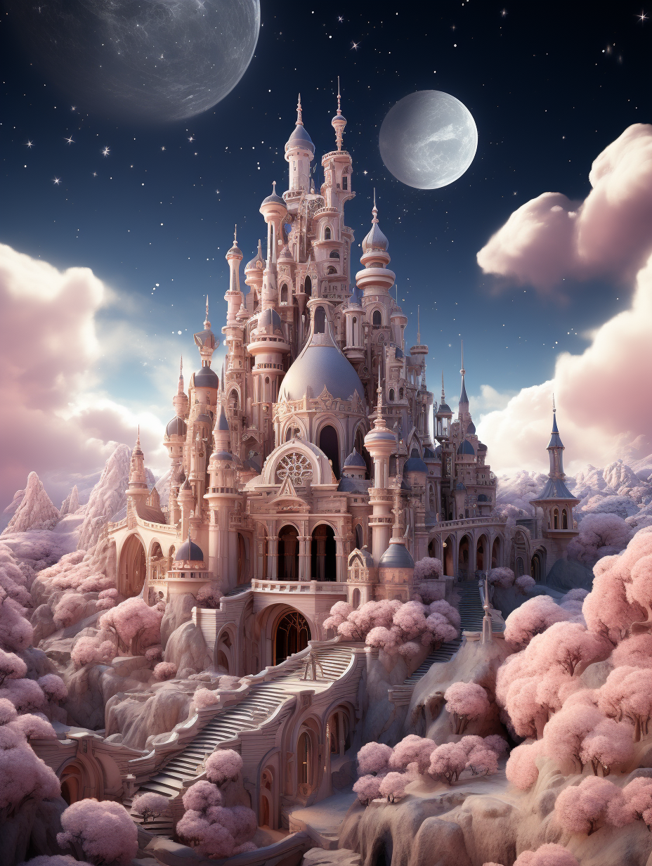 A beautiful fairytale castle with domes and towers surrounded by pink clouds, against the background of the moon in space. The sky is blue, there are white stars around the planet. There’s an empty platform at its foot, covered with soft fluffy pastel peach trees that glow like diamonds. A fantasy landscape. Digital art illustration with high detail.