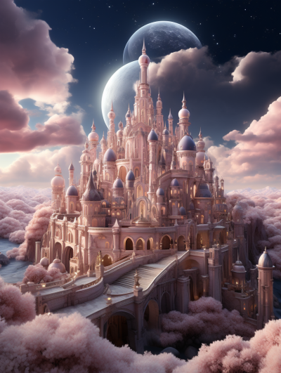 A grand fairytale castle bathed in the soft glow of moonlight stands atop fluffy pink clouds, surrounded by ethereal blue skies and silver moons. The romantic scenery features grandiose architecture in a hyperdetailed realistic rendering style. The dreamy scene depicts a surrealistic and majestic sky, rendered in the style of cinema4d. I can't believe how beautiful it is.