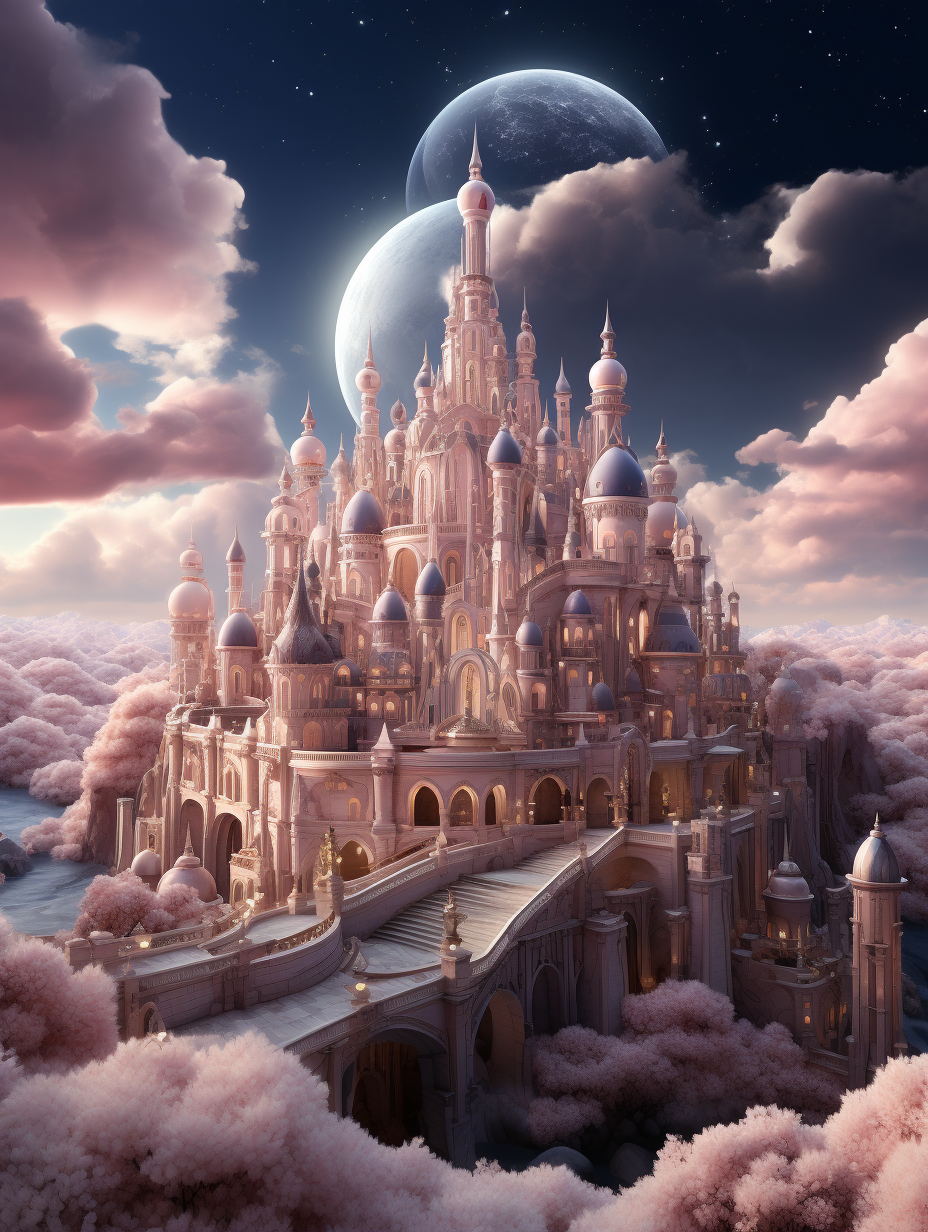 A grand fairytale castle bathed in the soft glow of moonlight stands atop fluffy pink clouds, surrounded by ethereal blue skies and silver moons. The romantic scenery features grandiose architecture in a hyperdetailed realistic rendering style. The dreamy scene depicts a surrealistic and majestic sky, rendered in the style of cinema4d. I can’t believe how beautiful it is.