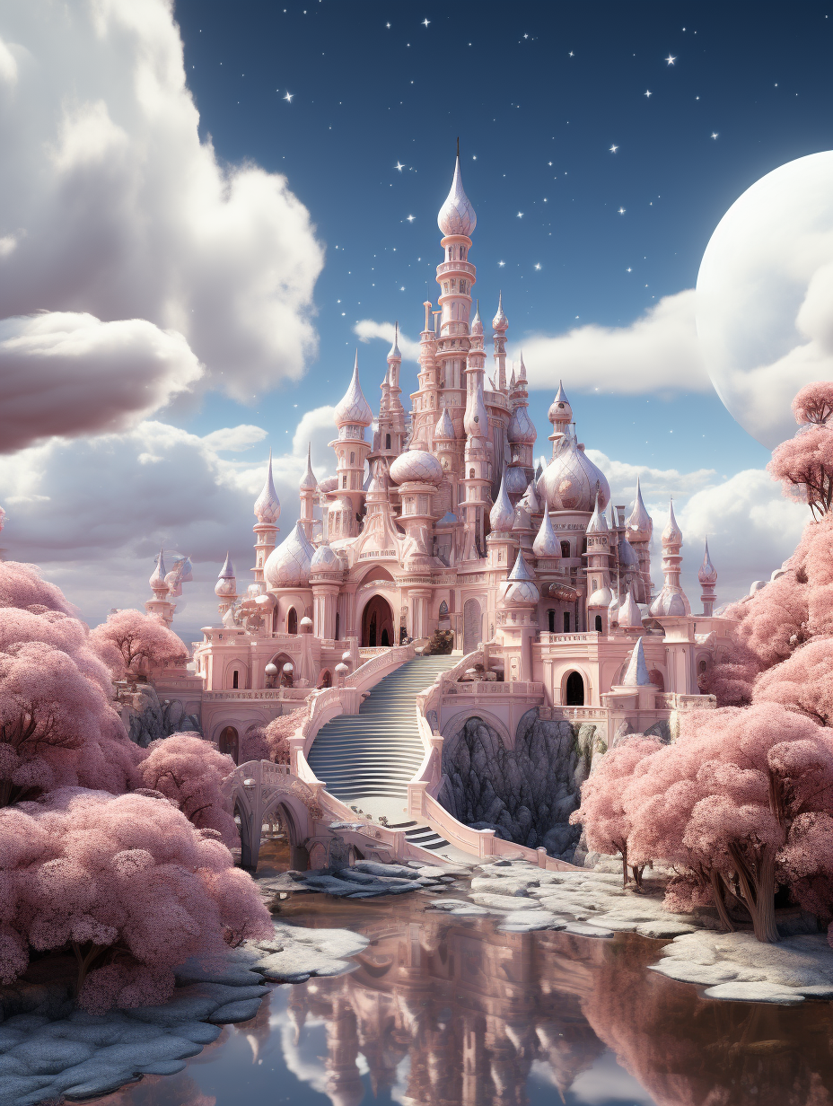 3D render of a magical pink castle in a fantasy landscape with magical elements and pastel colors. It has a dreamy feel with a moon and clouds in the sky. The fantasy architecture of the pink palace and trees create a whimsical dreamlike world. The fantasy city and castles in the background have fantasy architecture and pastel colors in a style reminiscent of a fantasy dreamland.