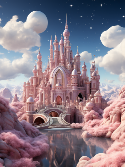 3D render of a fairytale castle surrounded by fluffy clouds, with pink and white hues, creating a dreamy and whimsical atmosphere, featuring detailed architecture in the style of fantasy.