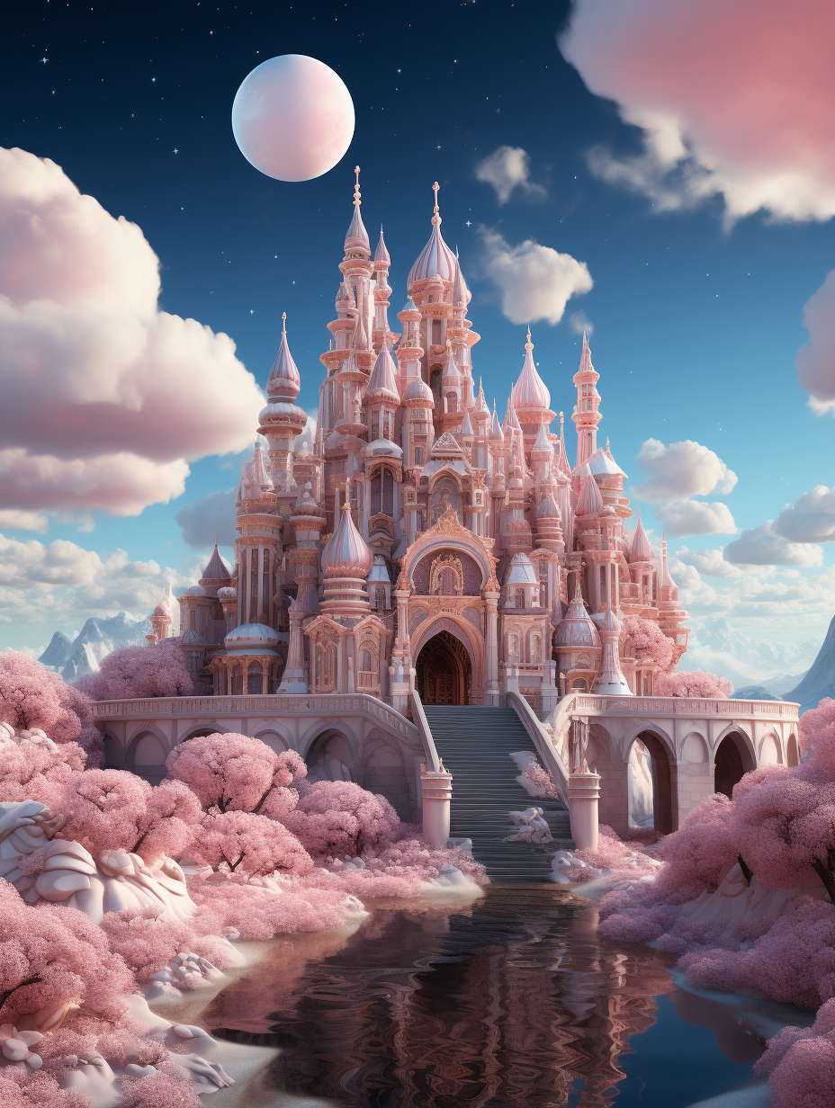 3D render of a cartoon-style pink fairytale castle in a fantasy landscape with pastel colors creating a dreamy mood, with high detail, in a full shot, HD quality image.