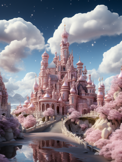 A pink castle surrounded by clouds and cherry blossom trees, with sparkling water and a clear sky, in the style of Disney, with European architecture, viewed from the front, in a fantasy world setting, as a fantasy background, with pink tones, of high resolution and super detailed.