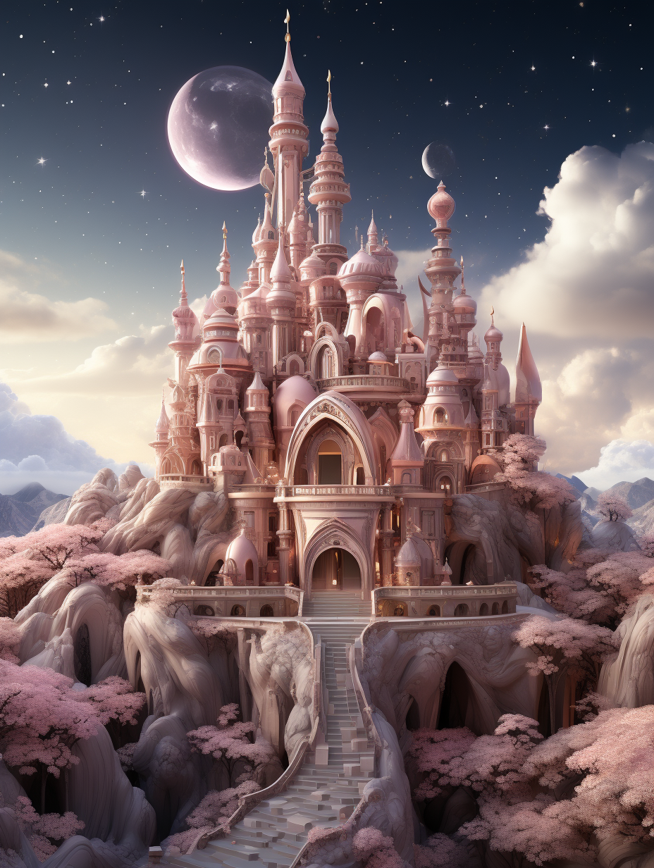 A fairytale castle in the style of Disney, with pastel pink and gold colors, in a fantasy landscape with a moon in the sky background, showing detailed architecture and a romantic, dreamy atmosphere, with high resolution, ultra realistic photography.