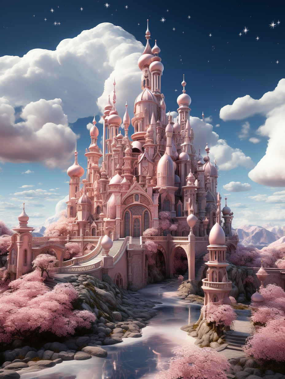 A grand pink castle surrounded by cherry blossoms, with clouds and stars in the sky, in the style of Pixar, fantasy background, fairy tale, super detailed, high resolution, surrealism, high definition, high quality, hyperrealistic.