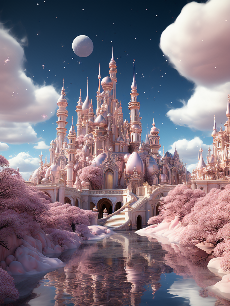 A pink and white castle with clouds, moonlight, rivers, a dreamy sky, pink peach blossoms, a pink water surface, a symmetrical composition, fantasy style, digital art, detailed design, high resolution, surrounded in the style of a fairy tale world, cartoon characters, charming colors, natural light, soft tones, exquisite details, a mysterious atmosphere. The overall color tone is pink.