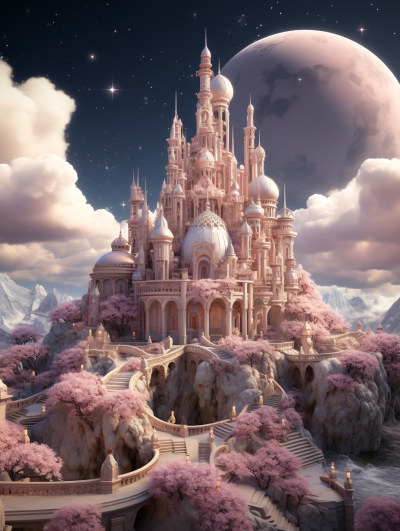 3d render of cartoon fantasy palace on the moon, surrounded by pink trees and clouds, highly detailed, pastel colors, artstation style