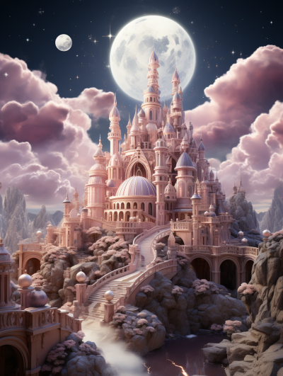 3D render of a fantasy magical pink palace, with a moon in the sky, highly detailed, in the style of hyper realistic, photo realistic, professional photography, studio lighting, ultra high resolution