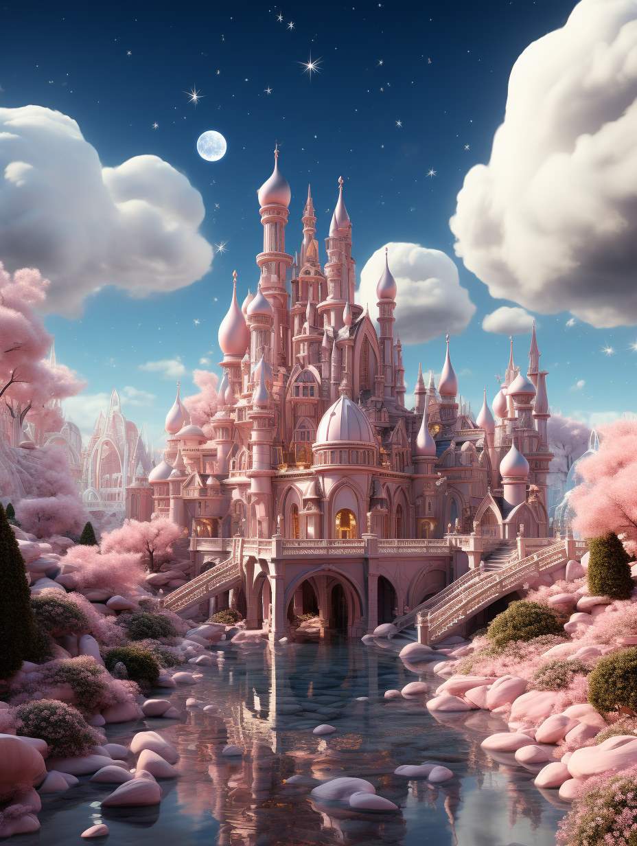 A pink castle surrounded by clouds, a crystal clear lake in front of the palace with water and pebbles scattered on it. Pink trees surrounded the palace, a full moon hanging high in the sky. The style was cartoon with super detailed details, creating a fantasy world background with a fairy tale feeling. The lighting was hyperrealistic, photo realistic, and cinematic with volumetric effects. The rendering was done in the style of octane render.