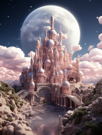 A grand pink and white castle surrounded by clouds, set against the backdrop of an oversized moon in a fantasy world. The scene is rendered with hyperrealistic details, showcasing a whimsical atmosphere with detailed architecture and a sense of wonder. The focus is on the face.