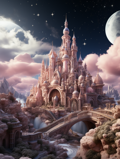 Disney style, pink and white dreamy castle with clouds and moon in the sky, with bridges connecting two parts of the buildings, romantic fantasy style, fairy tale core, pink color scheme, sparkling water reflections, riverside view, high definition, movie poster, hyperrealistic, highly detailed in the style of Disney.