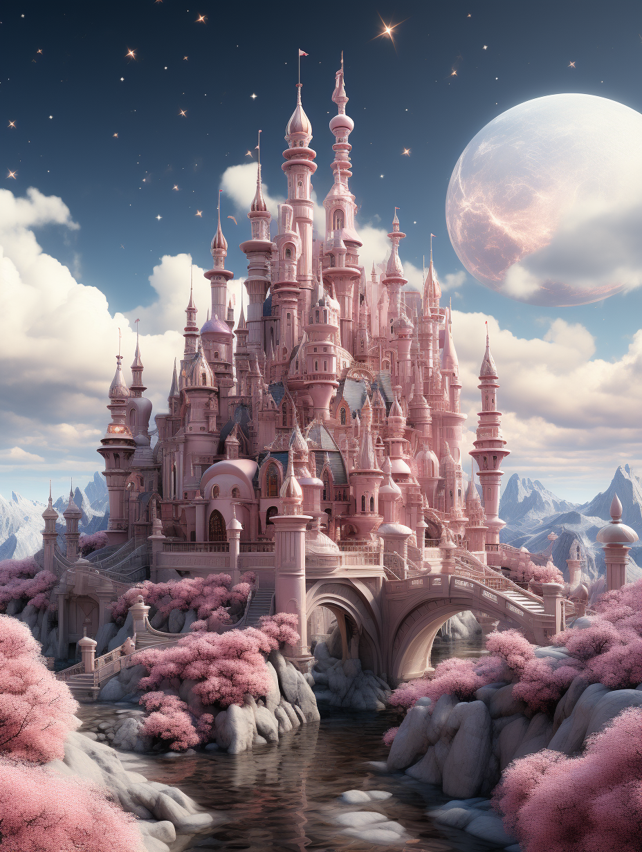 pink fairytale castle surrounded by pink trees, pink moon in the sky, photo realistic, hyper detailed, octane render, volumetric lighting, in the style of octane render.