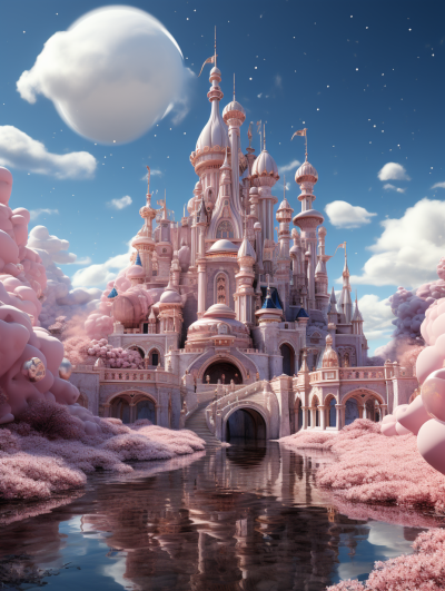 Disney style castle, fantasy world, pastel colors, dreamy clouds, fantasy lake with water reflections, fantasy plants and flowers in the background, pink fluffy cotton candy clouds, white moon above the sky, fantasy palace made of marble, magical atmosphere, cinematic shot, ultra realistic