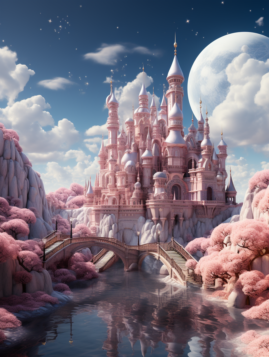 3d render of cartoon fantasy castle in pink color, fantasy landscape with clouds and moon on the sky, fantasy bridge across river to big palace, fantasy pink trees around the castle, photo realistic