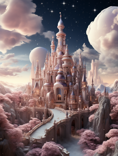 A fairytale castle surrounded by pink clouds, with the moon and stars shining in the sky. The walls of buildings have beautiful details and decorations, while there is an endless bridge leading to it. This scene seems like another world, full of fantasy and magic. The focus is on the face.