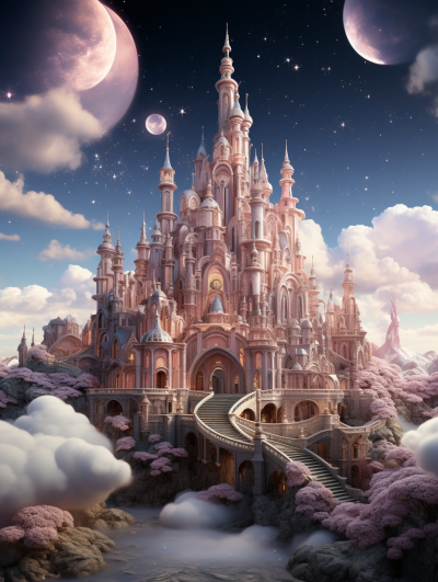 A fairytale castle in the sky, surrounded by clouds and stars, with pink peach trees on both sides of it. Pink moon bubbles flying around the palace, creating a romantic atmosphere of fantasy. The castle has detailed architecture in the style of photorealism, with soft lighting. It is a wideangle shot of the dreamy landscape, showing elegant details and intricate patterns in the symmetrical composition. The image has high resolution.