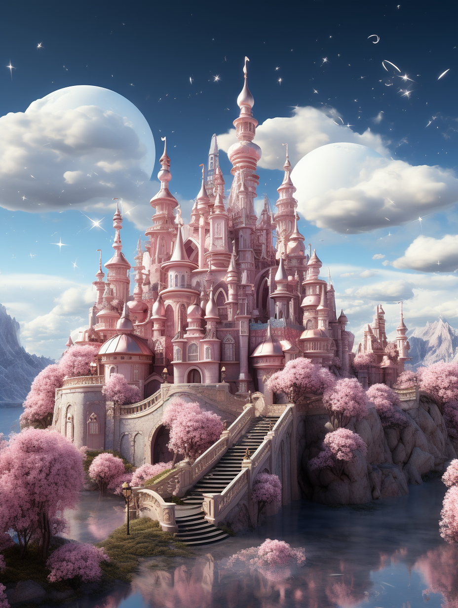 A pink fairytale castle surrounded by cherry blossoms, with two moons in the sky, in a dreamy and whimsical style, hyperrealistic fantasy-inspired illustrations, cute cartoonish designs, surreal and magical landscapes created with digital art techniques at a high resolution with intricate details, professional photography trending on Artstation with a perfect composition, concept art, 3D renderings with volumetric and cinematic lighting created using octane rendering and blender in a hyper realistic illustrative style resembling a matte painting.