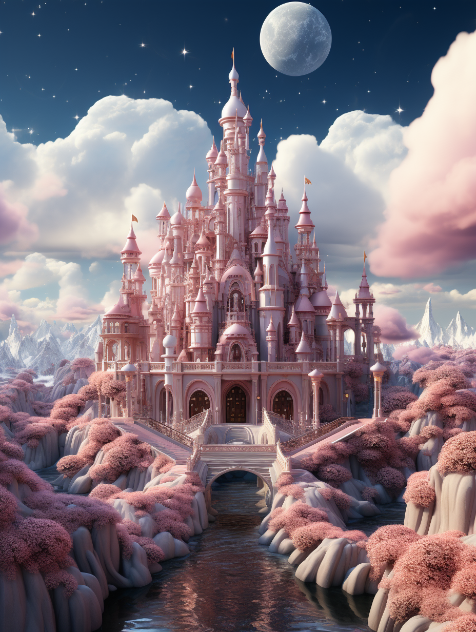 A pink fairytale castle with white clouds and a moon in the sky, surrounded by trees and rivers. The walls of buildings have detailed carvings on them, creating an atmosphere full of fantasy and romance. It is a high-definition 3D rendering that creates a dreamy scene. This pink fairy tale world was created using C4d software. In this picture, there is a large area of sky visible above the castle, adding to its grandeur.