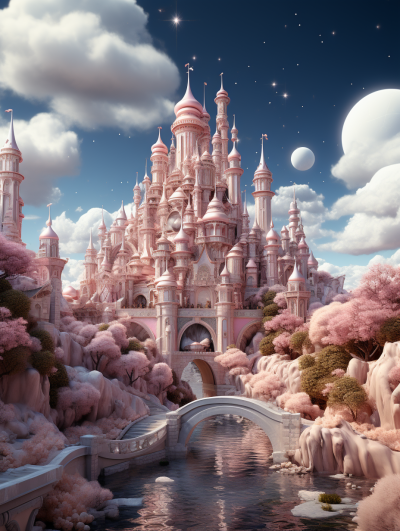 A beautiful pink castle with many towers and bridges, surrounded by trees in the style of Disney Pixar, with clouds and planets in the sky, with high definition, hyper realistic style.