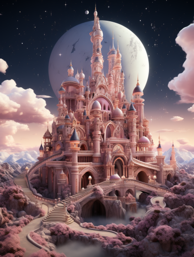 A majestic, grandiose castle with intricate architecture surrounded by lush gardens under the glow of an oversized moon. Focus on face in the style of Pixar renderings with a pink pastel color theme that is highly detailed.