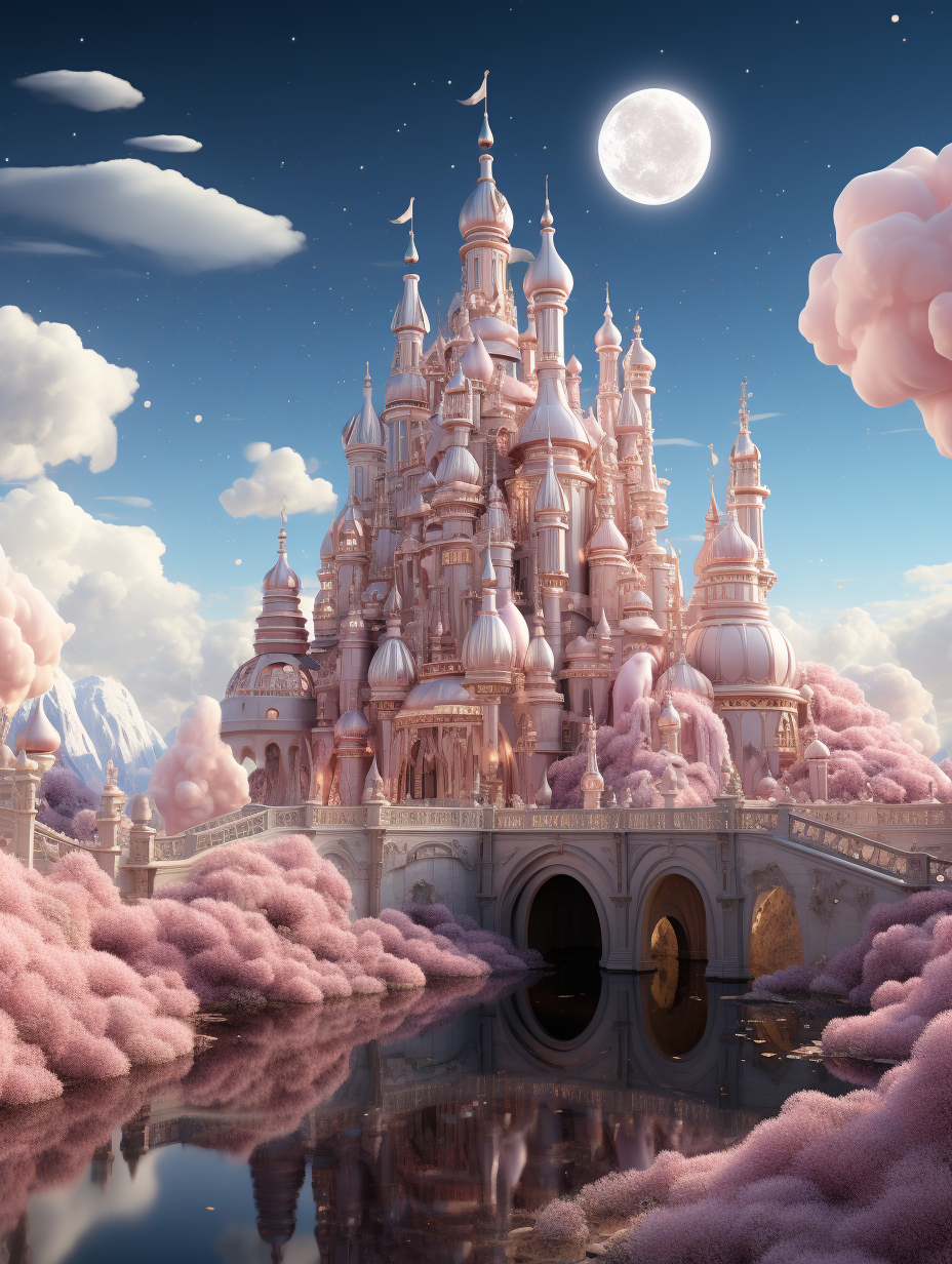 3D render of a fairytale castle made of pink cotton candy, the sky is full of clouds and there is a big moon in it, there should be a bridge connecting two parts of an island surrounded by water, the overall color theme of the picture is pastel blue, in the style of hyper realistic.