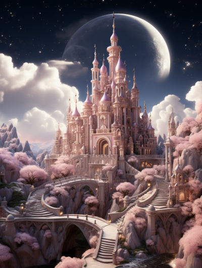 A fairytale castle surrounded by blooming cherry blossoms, with clouds and the moon in the background. The scene is rendered in a soft pink color scheme, creating an enchanting atmosphere reminiscent of classic Disney animations. This illustration features detailed architecture and a whimsical landscape that captures magic realism. High resolution, sharp focus, studio photo, intricate details, highly detailed, high quality in the style of classic Disney animations.