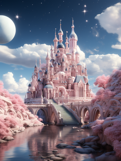 A magical pink fairytale castle with bridges and water canals, in the sky is a large white moon and stars, there is an enchanted forest of cherry blossom trees surrounding it, hyper realistic and detailed with intricate details, in the style of a high resolution painting.