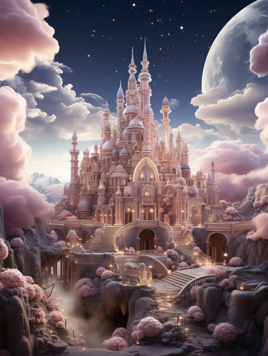 A magnificent fairytale castle with clouds and moonlight in the background, surrounded by pink flowers, creating an atmosphere of fantasy and romance. The scene is rendered using Octane Render on Unreal Engine 5, showcasing a detailed and intricate design that highlights the beauty of architecture and surreal elements. This artwork conveys a sense of wonder and magic, making it suitable for creative visual exploration or as a digital art piece. The style is reminiscent of fantasy artwork.