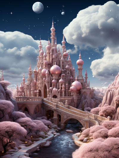 A fairytale castle made of pink candy, surrounded by candy trees and chocolate rivers under the moonlit sky. Hyperrealistic illustration in the style of 3d render, hd.